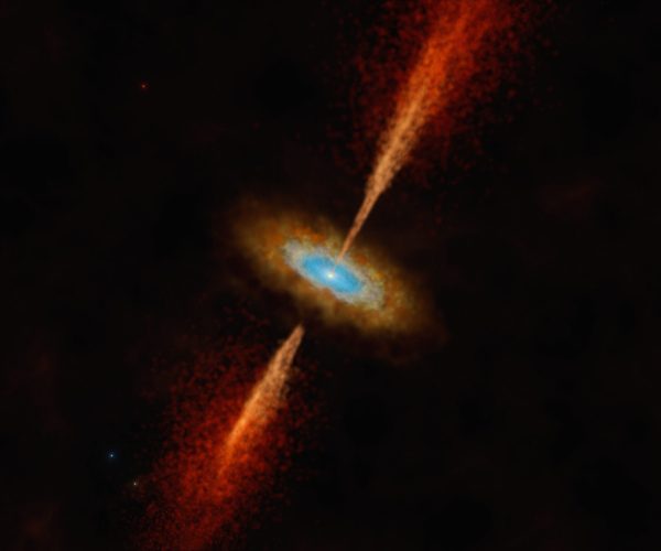 This artist’s impression shows the HH 1177 system, which is located in the Large Magellanic Cloud, a neighbouring galaxy of our own. The young and massive stellar object glowing in the centre is collecting matter from a dusty disc while also expelling matter in powerful jets. (Photo: ESO/M. Kornmesser)