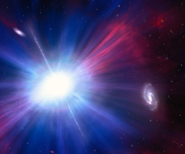 An illustration of one of brightest explosions ever seen in space.  Called a Luminous Fast Blue Optical Transient (LBOT), it shines intensely in blue light. It appears as a bright white blob left of centre where blue-white and red rays sprout out from it. Toward the right of the image there is a white spiral galaxy. (Photo: NASA, ESA, NSF's NOIRLab, M. Garlick , M. Zamani)